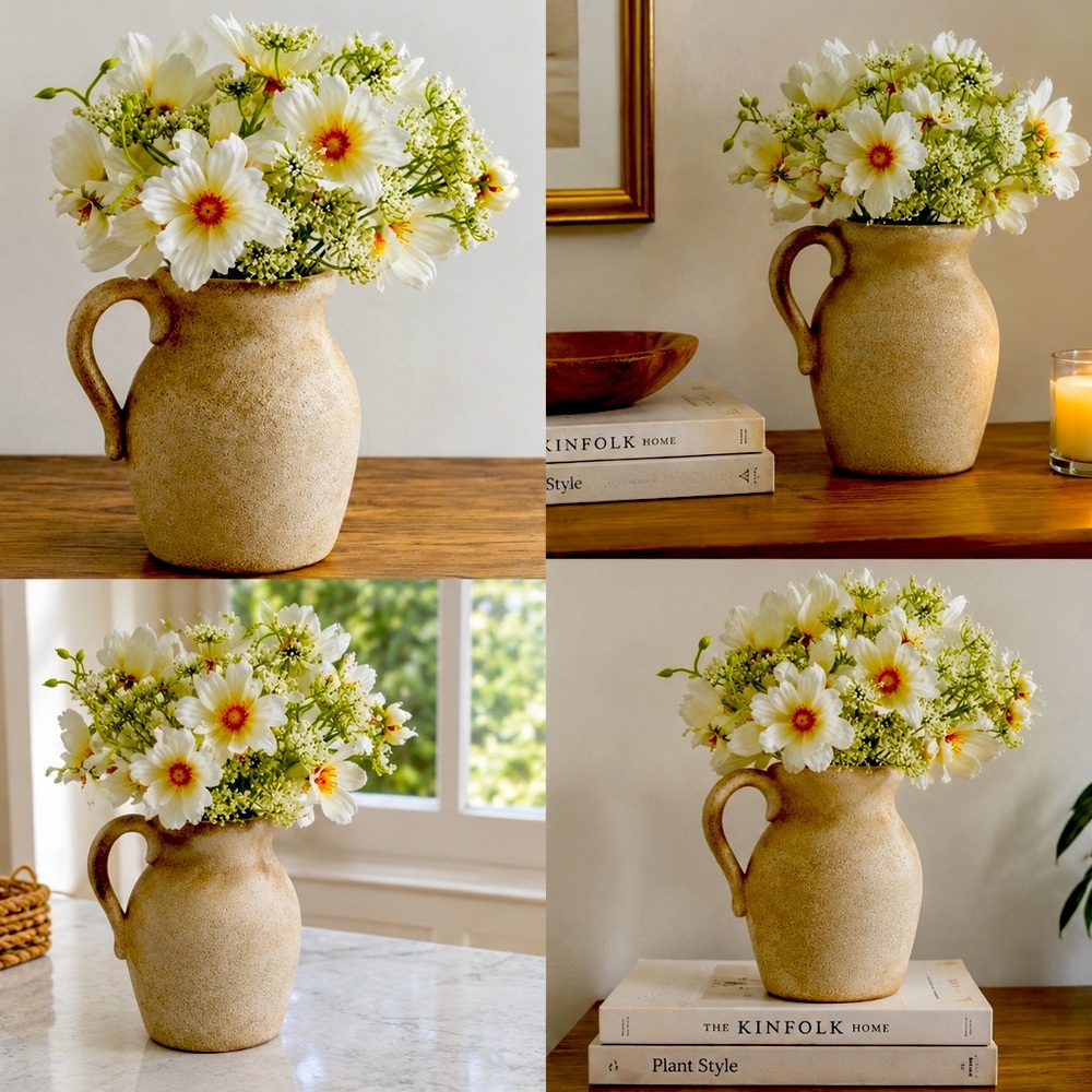 Elegant white flowers in a rustic ceramic pitcher, bringing timeless charm🤍🌿.